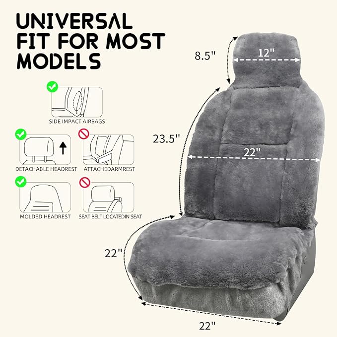 Aegis Cover Premium Australian Merino Sheepskin Car Seat Cover, Easy-Install Summer & Winter Universal Fit for SUV Truck Sedan Most Vehicles (FS-Grey)