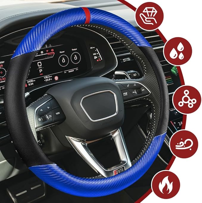 Car Steering Wheel Cover, Steering Wheel Accessories, 15 Inch Microfiber Leather Carbon Fiber Soft Anti-Slip Breathable, Car Accessories Elastic Non-Slip Cover for Most Vehicles (Blue)