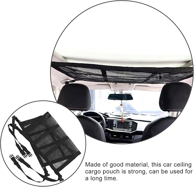 UPKOCH Car Roof Storage Bag with Double Zipper, 70x50cm Black Strap Car Ceiling Net Organizer Pouch for SUV and Truck Cargo, Sturdy Interior Auto Storage Solution for Travel and Camping