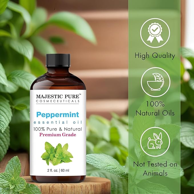 Majestic Pure Essential Oil with Glass Dropper - 100% Pure and Natural - Essential Oils for Diffuser, Aromatherapy, Soap and Candle Making, Peppermint Essential Oil, Peppermint Oil, 2 Fl Oz