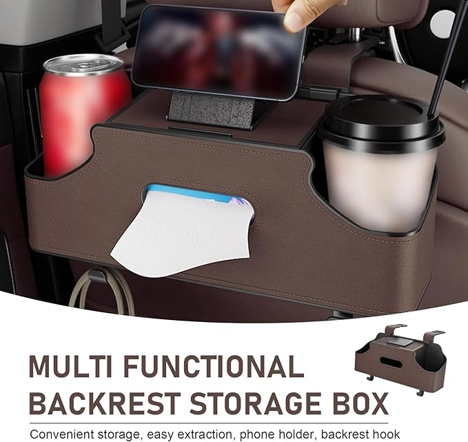1 PC Backseat Organizer with Dual Cup Holder, Multi-function Tissue Hanging Box and 2 Hooks, Extra Rear Seat Road Trip Storage Accessories, Universal for Most Cars, Trucks, SUVs (Brown)