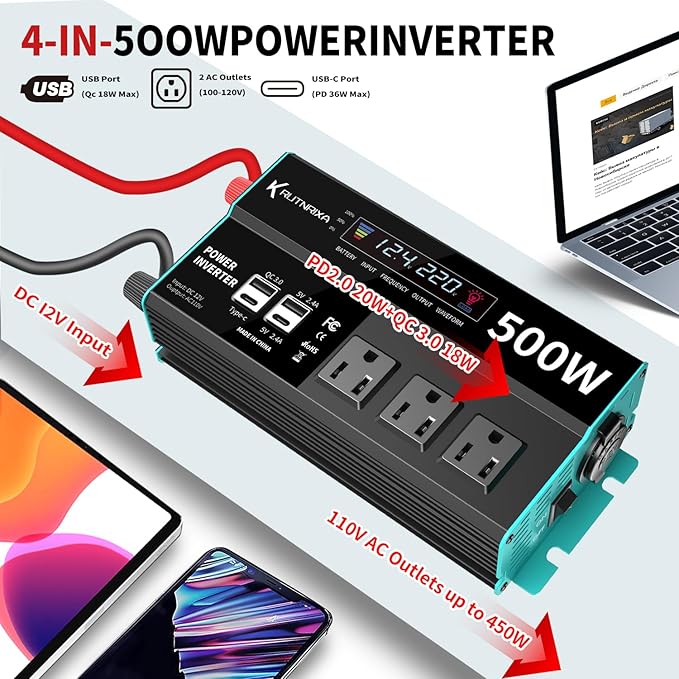 500W Power Inverters Peak 1000W 12V DC to 110V AC Converter for Vehicles USB-C/PD 25W Fast Charging Ports Car Charger Adapter with a Cigarette Lighter Ports Plug Outlet