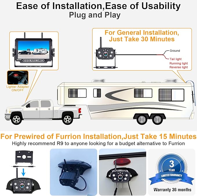 RV Backup Camera Wireless Strong Signal: HD 1080P 7'' Touch Key Recording Monitor Rear View System for Trailers/Trucks/5th Wheel 4 Channels Easy Setup Plug and Play for Furrion Pre-Wired Mount R9