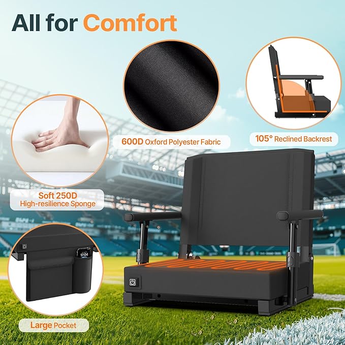 HOPERAN Heated Stadium Seats for Bleachers with Back Support, 3 Levels Heating Bleacher Chairs with Back and Cushion, Folding Bleacher Seat, Lightweight Portable Stadium Chair with Shoulder Strap