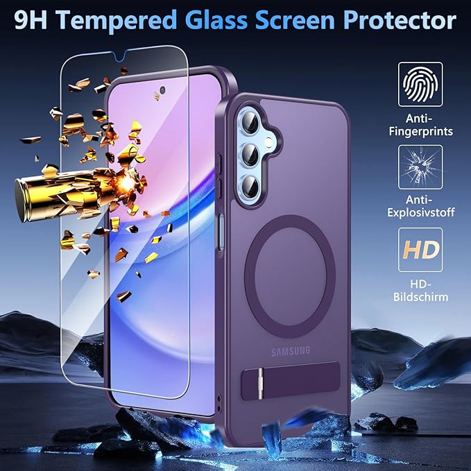 OWKEY for Samsung Galaxy A15 5G Phone Case with Screen Protector & Stand, Magnetic Case for Magsafe Military-Grade Protection Shockproof Matte Cover for Samsung Galaxy A15 5G (Purple)