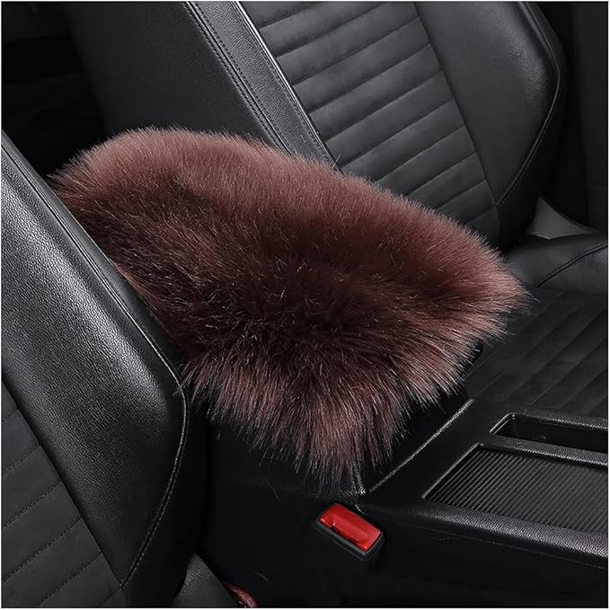 Furry Auto Center Console Cover Pad, 11.8"x7.8" Soft Sheepskin Wool Armrest Cushion, Fluffy Vehicle Armrest Seat Box Protector Warm in Winter, Car Interior Accessories for Women and Men (Coffee)