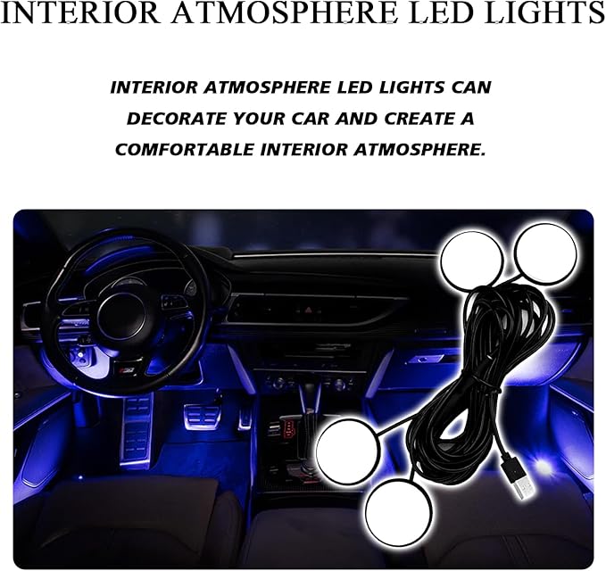 Car Interior Pedal LED Lights, Automotive Underglow Ambient RGB Door Lighting Kit with USB Port, 4 in 1 Decoration Neon Lights for Car, Home, Garden, Party (Blue)