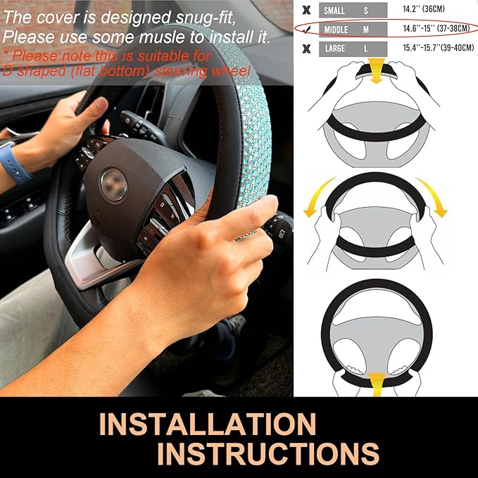 PINCTROT D Shaped Bling Comfy Steering Wheel Cover with Jumbo Crystal Rhinestones, Anti-Slip Diamond Leather, Flat Bottom 14.5-15 Inch (Sky Blue)
