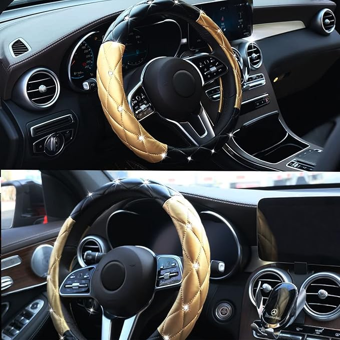 Xizopucy Black Gold Leather Bling Steering Wheel Cover, Anti-Slip Steering Wheel Protector with Crystal Rhinestones, Bling Steering Wheel Cover for Women and Girl Fit 14.5-15 inch