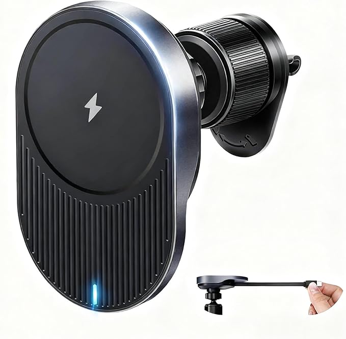 for MagSafe Car Mount Charger, 15W Fast Wireless Cars Charger with Retractable Charging Cable, Magnetic Car Phone Holder for iPhone 17/16/15/14/13/12 Series (Plus & Mini) (Black)