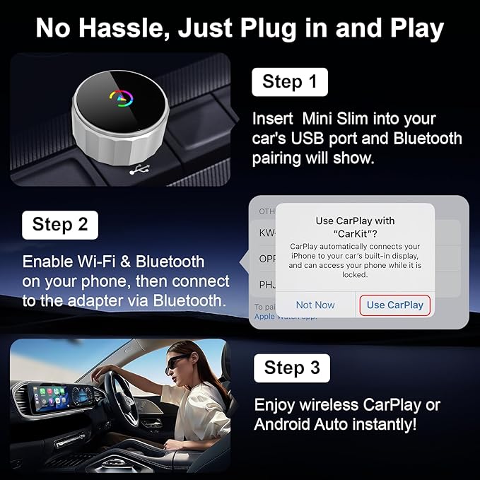 2026 upgraded wireless CarPlay adapter fast automatic connection stable connection mini plug-and-play adapter is suitable for iPhone and Android Auto compatible car with USB/USB-C (Silvery)