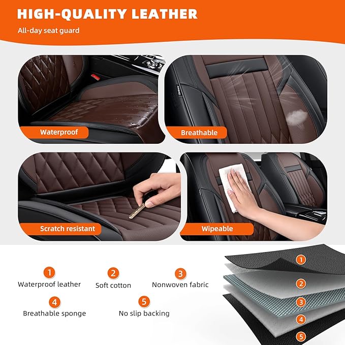 Universal 5-Seater Waterproof Breathable Nappa Leather Car Seat Covers Full Set, Compatible with Hyundai Tucson Sonata, Jeep Renegade, Honda HR-V, Fit Front Rear Seats Most Sedans SUV Black Brown