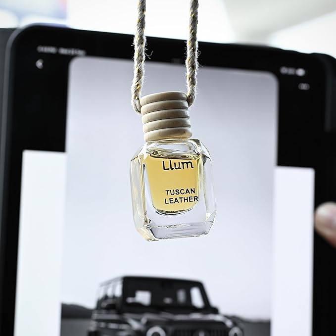 Llum Tuscan Leather Hanging Car Air Freshener – Luxury Automotive Perfume Diffuser 10ml (0.34 fl oz), Long-Lasting Fragrance, Alcohol-Free Non-Toxic Scent, Glass Bottle With Wood Cap