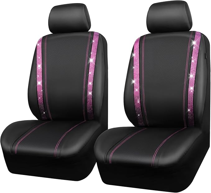 CAR PASS Leather Bling Diamond Car Seat Covers 2 Front Interior Sets, Waterproof Universal Shining Glitter Crystal Sparkle Fit for Automotive Truck SUV Cute Women Girl, Black Pink Rhinestones