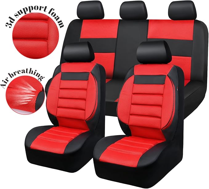 CAR PASS Leather 3D Foam Back Support Car Seat Covers Full Set Air Mesh Automotive Seat Covers, All Season Car Seat Cover Fit Automotive,SUV,Sedan,Van, Airbag Compatible Elegance (Black and Red)