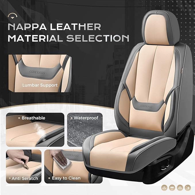 Coverado Seat Covers, Car Seat Covers Front Seats, Leather Seat Covers for Cars, Car Seat Protector Waterproof, Gray Car Seat Cushion, Front Carseat Cover Universal Fit for Most Cars Beige