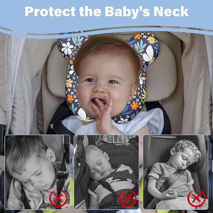 Baby Neck Pillows - Upgraded Toddler Travel Cushion for Toddler Head and Neck, Infant Neck Pillow for Car Plane Stroller Pushchair - Flower B
