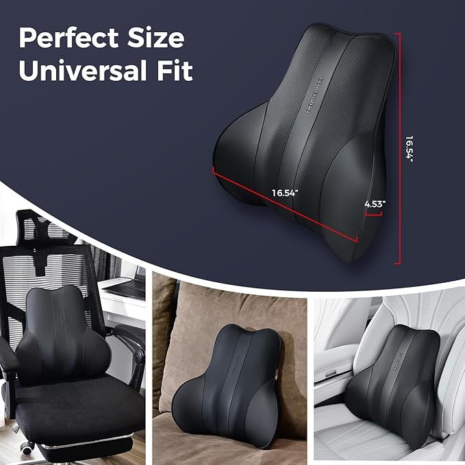 Coverado Lumbar Support Pillow for Car, Ergonomic Memory Foam Back Pillow for Office Chair, New Back Cushion for Pain Relief, PU Leather Car Lumbar Support for Driving Seat Black