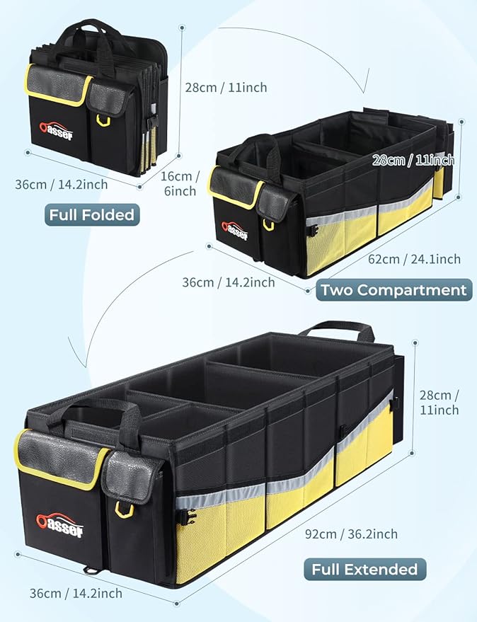 Oasser Trunk Organizer with Cooler Bag 95L, Bearing 110lb No Deformation, Collapsible with Multi Compartments, 20L Removable Insulated Bag, Foldable Lid, Non Slip Bottom, 2 Straps (Black&Yellow)