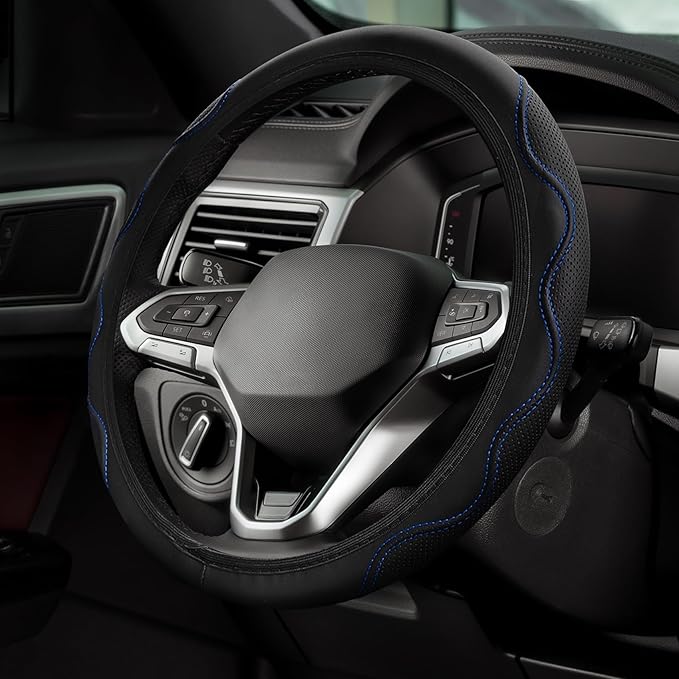 Car Steering Wheel Cover, 14.5-15 Inch Comfortable Grip Microfiber Leather Non-Slip Wheel Cover, Auto Elastic Breathable Wheel Steering Protector, Universal Interior Accessories Fit Vehicles