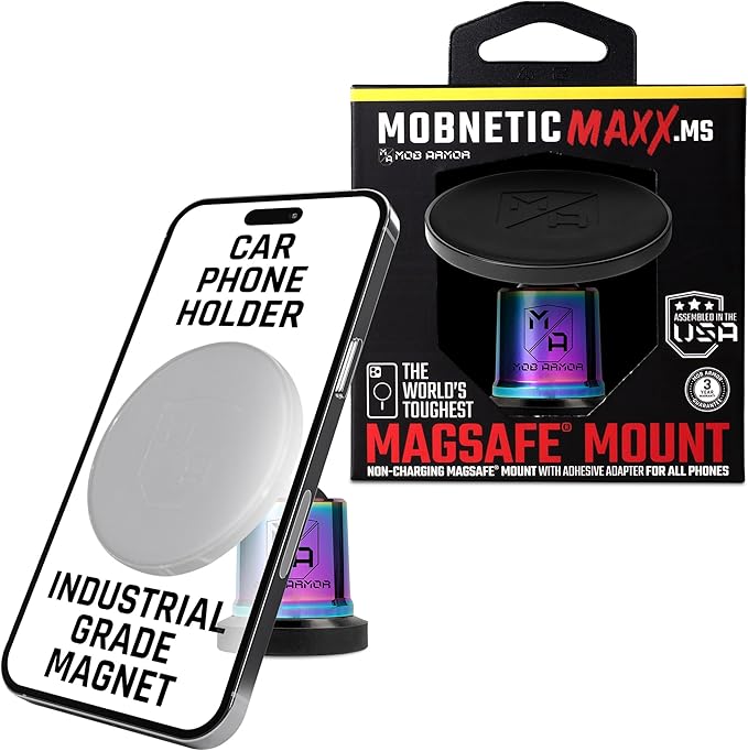 Mob Armor MobNetic Maxx MS - MagSafe Compatible Car Phone Mount w/ 90º Tilt, 360º Rotation & Durable Aluminum Build, Magnetic Holder for iPhone & Android Devices, USA Assembled - Multi-Colored