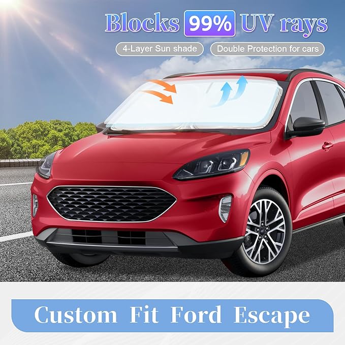 for Ford Escape 2020-2025 2026 Sun Shade Sunshade Windshield Cover, 4-Layer Front Window Shade Custom Fit Escape S SE SE Sport Hybrid SEL Titanium Sun Visor 240T Shade Blocks UV Rays Car Accessories