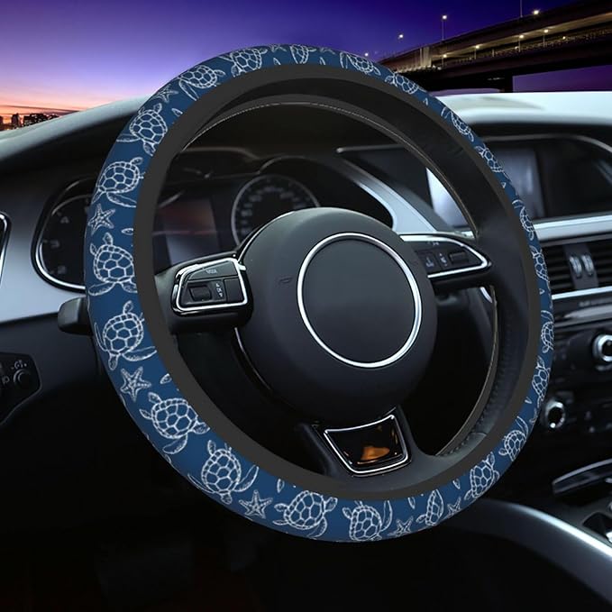 Navy Blue Turtle Steering Wheel Cover, Cute Anti-Slip Breathable Car Accessories Interior Elastic Steering Wheel Cover for Men Women Gifts Fit Auto, SUV Vans Truck Universal 14.5-15 Inch