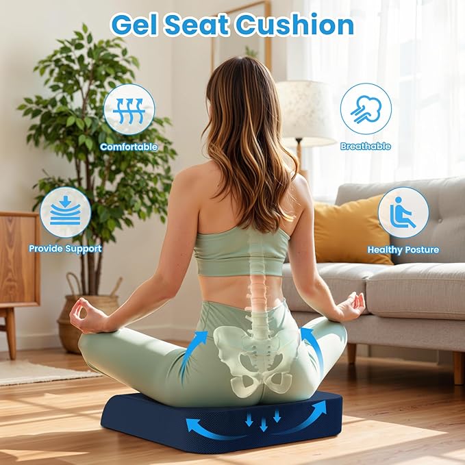 Wheelchair Seat Cushion - Cooling Gel & Memory Foam Office Chair Cushion with Non-Slip Bottom & Washable Cover, Ergonomic Car Seat Pillow for Sciatica, Tailbone, Back Comfort (Navy Blue)