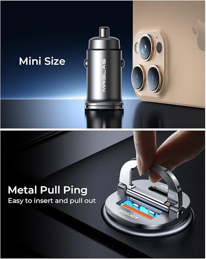 MRGLAS 125W USB C Car Charger, [Mini & Metal] USB C Car Charger Adapter Fast Charging PD65W & QC60W Dual Port Type C Cigarette Lighter USB Charger for iPhone 16 15 Pro Max S25 MacBook-Silver Gray