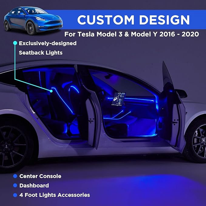 Nestour Interior Car Neon Lights Fit for Tesla Model 3 Y 2016-2020 (Center Console+Dashboard+Seat Back+4 Foot Lights) with Armrest Organizer, Tesla Ambient Lighting, APP-Controlled LED Strip Lights