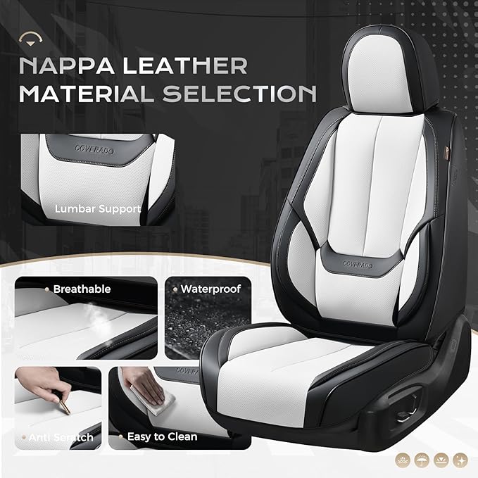 Coverado Seat Covers, Car Seat Covers Front Seats, Leather Seat Covers for Cars, Car Seat Protector Waterproof, Black Car Seat Cushion, Front Carseat Cover Universal Fit for Most Cars White