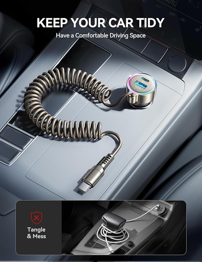 USB C 90W Car Charger for iPhone 17/16 Pro Max, PD & QC3.0 w/5 ft 45W Type C Coiled Cable, Fast Car Phone Charger Adapter for iPhone 17Air/15 Pro, Samsung Galaxy S25/S24/S23, Pixel 10/LG/Android, iPad