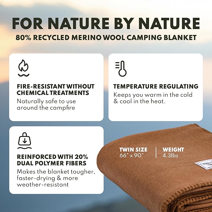 Woolly Mammoth Woolen Company Merino Wool Blanket - 80% Merino Wool - Camping Blankets for Cold Weather - Mositure-Wicking for Overlanding, Hunting, Emergency Kits, Bushcraft (66" x 90" Sandstone)