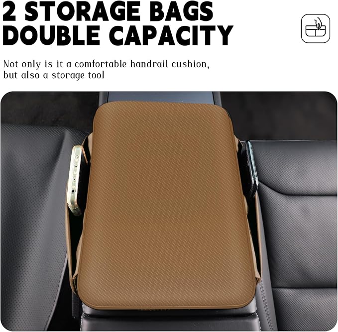 Car Armrest Cover Pad - Nappa Leather Car Center Console Cover with Breathable Holes, Non-Slip Auto Arm Rest Cushion, Universal Car Interior Accessories Fit forTesla Model Y (Light Brown)
