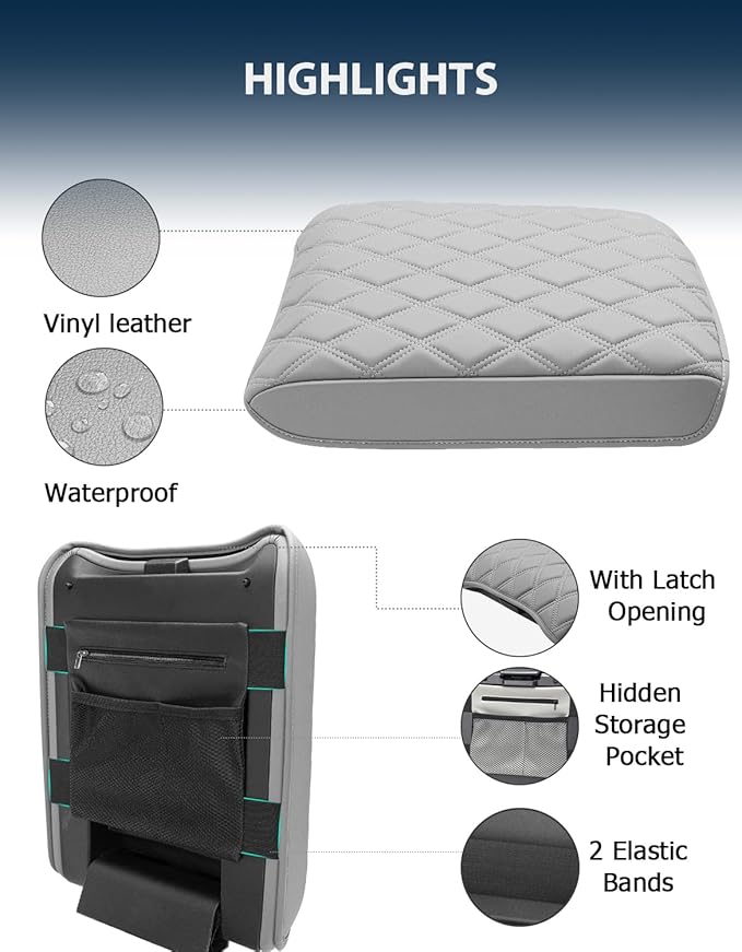 Center Console Cover for Honda Passport 2024-2026, Pilot 2023-2025, Ridgeline 2024 2025, Auto Armrest Lid Cushion Console Protector with Storage Pocket, Vinyl Leather, Gray