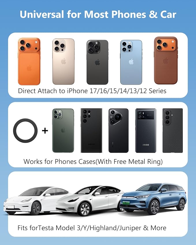 Tesla Phone Mount Charger: 15W Wireless Car Phone Holder for Tesla Model 3/Y Accessories 【 Strongest N52 Magnet + 360° Adjustable + Foldable Design】 Car Mount for Magsafe iPhone & Android