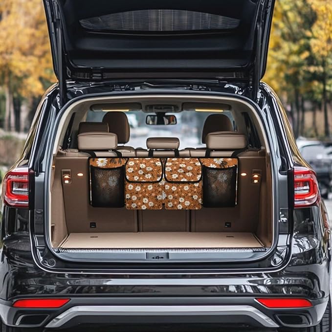 Orange Daisy Print Car Trunk Organizer Bag, Foldable Car Back Seat Storage Bag with 4 Pockets Car Interior Accessories for SUV MPV Sedans Pickup Jeep Trucks
