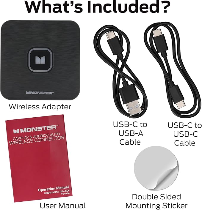 Monster Wireless CarPlay Adapter, Wireless Android Auto Adapter, Convert Wired to Wireless CarPlay & Android Auto, Compact Dongle for Factory Wired CarPlay Cars, USB-C & USB-A Cables Included