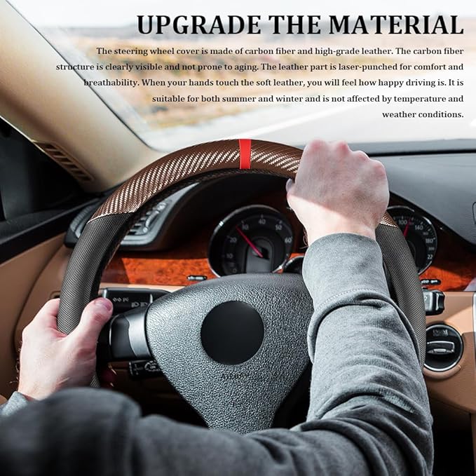 Car Steering Wheel Cover, Steering Wheel Accessories, 15 Inch Microfiber Leather Carbon Fiber Soft Anti-Slip Breathable, Car Accessories Elastic Non-Slip Cover for Most Vehicles (Coffee)
