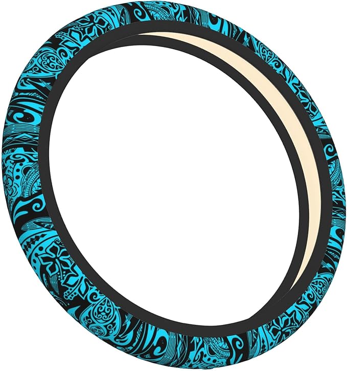 Hawaiian Polynesian Teal Tribal Car Steering Wheel Cover for Women Men 14-15 Inch Stretch Cloth Anti-Slip Wrap Protector Case Fit Universal Auto Accessories Decor Sweat Absorption