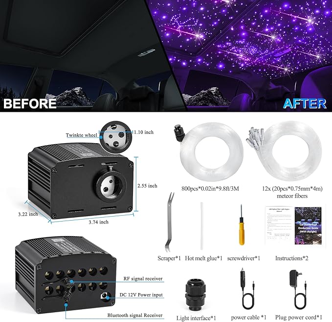 Car Starlight Headliner Kit, 16W Twinkle & Meteor Star Ceiling Lights, 2 in 1 Fiber Optic Light Engine 800pcs*0.02in*9.8ft+240 RGBW Shooting Stars Lights for Car Home Roof Décor