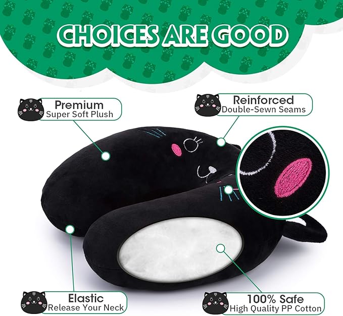 H HOMEWINS Travel Pillow for Kids,Cute Animal Neck Pillow for Boys Girls,Soft Neck Head Chin Support Pillow,Travel Accessories for Airplane, Car, Train,Recline (Black cat)