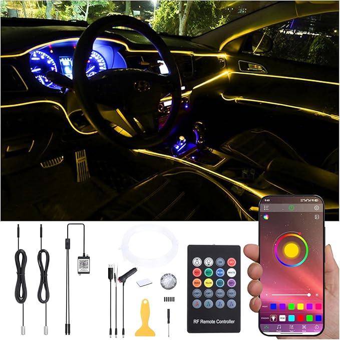 3 Meters Optic Fiber Car Ambient Lighting with Bluetooth App Control + RF Remote Control 64 Colors Multicoloured Music Interior Lighting Kit DC 12V 1W