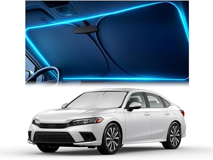 Windshield Sun Shade for Honda Civic 2022 2023 2024 2025 2026 – Custom Fit Sun Shield with Mirror Cut‑Out, Blocks Heat & UV, Foldable with Storage Pouch - Honda Civic Windshield Sunshade