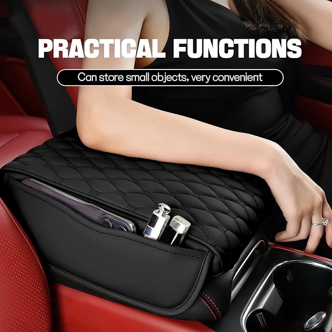 wuyaoyao Car Center Console Cover, 12.13"×8.66"×3.74" Leather Car Armrest Cover with with 2 Side Pockets, Memory Foam Soft Auto Armrest Cushion Pad, Universal Vehicle Arm Rest Protector (Black)