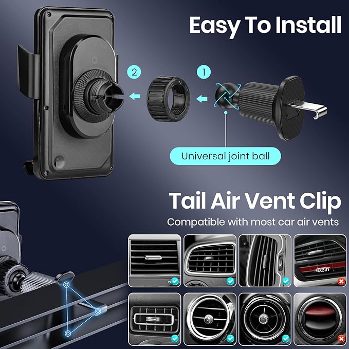 Wireless Car Phone Charger Holder, Smart Auto-Clamping Fast Charging Car Phone Holder with Atmosphere Lights, Rotating Air Vent Mount Compatible with All Smartphones (Black)