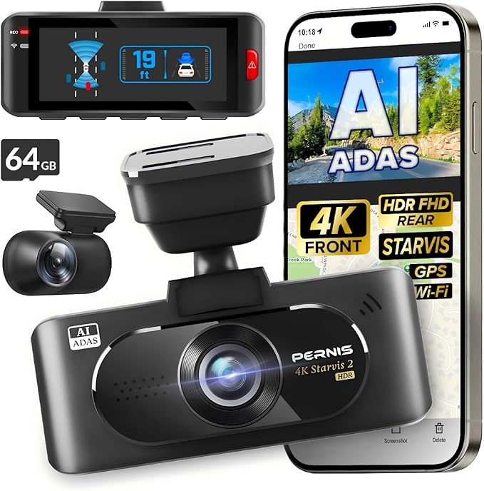 PERNIS AI 4K Dash Cam Front and Rear,STARVIS 2 Sensor,Free Card Included,5.8GHz WiFi Dual Dash Camera for Cars,Built-in GPS,G-Sensor,Night Vision,3.16" Screen,24H Parking Mode,Support 1T Max