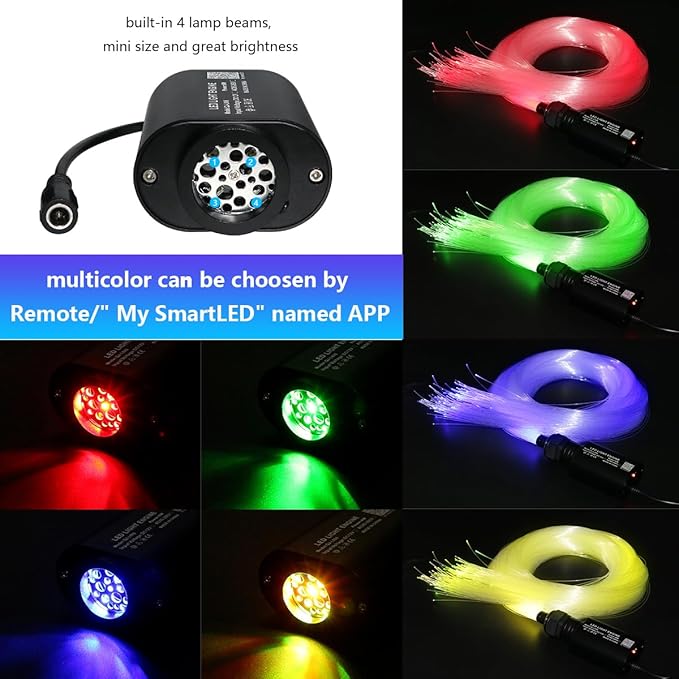 AMKI Mini 6W Starlight Headliner Kit 500pcs 0.03in 9.8ft,Twinkle+Sound Activated Fiber Optic Light 4Lamp Beam Starlight Box APP/Remote Control for Car Home Star Ceiling Decoration