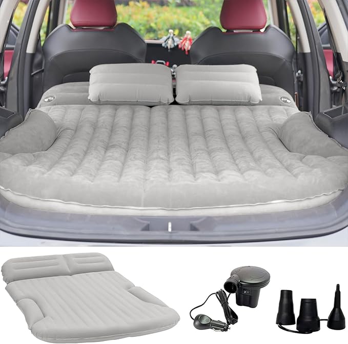 KMZ SUV Air Mattress Thickened and Double-Sided Flocking Travel Camping Bed with 2 Pillows & Pump Dedicated Mobile Cushion Inflatable Bed for SUV Trunk and Rear Seat (Light Gray)