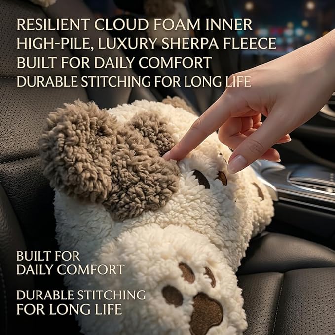 Car Seat Cushions Headrest and Lumbar Support Pillow Set Cute Bear Soft Plush Neck Cushion and Back Support for Long Driving Travel Comfort